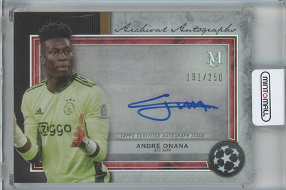 2020-21 Topps Museum UEFA Champions League trading card featuring Andre Onana autograph and serial number 191 of 250