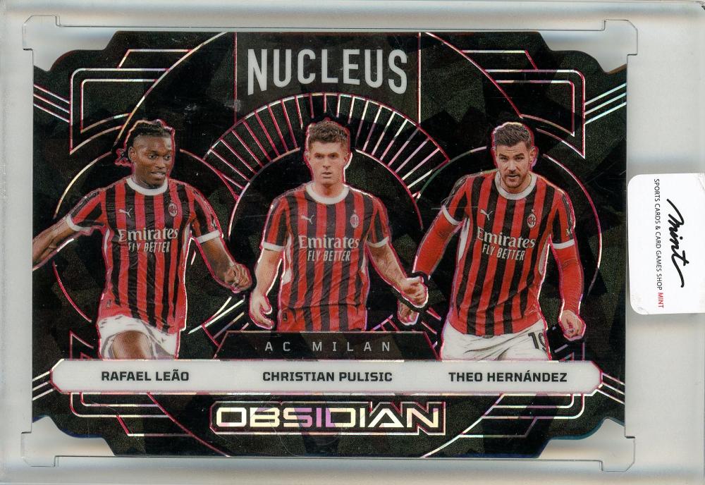 2024-25 Panini Obsidian Soccer trading card featuring Rafael Leao, Christian Pulisic, and Theo Hernandez numbered 05/28