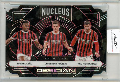 2024-25 Panini Obsidian Soccer trading card featuring Rafael Leao, Christian Pulisic, and Theo Hernandez numbered 05/28