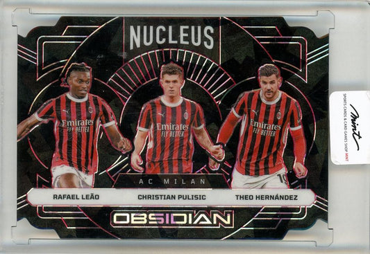 2024-25 Panini Obsidian Soccer trading card featuring Rafael Leao, Christian Pulisic, and Theo Hernandez numbered 05/28