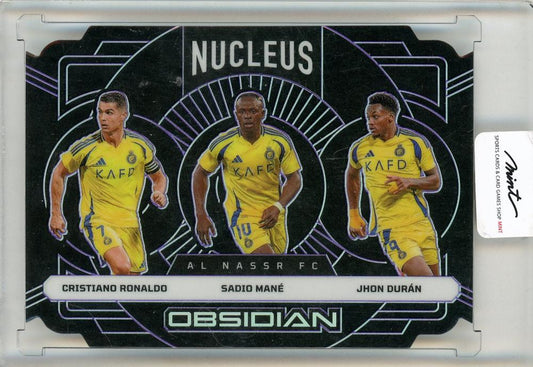 2024-25 Panini Obsidian Soccer trading card with Cristiano Ronaldo Sadio Mane and Jhon Duran serial number 37/49