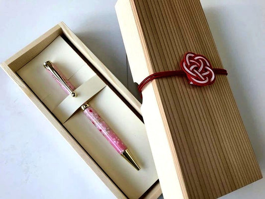 Shikibu-Designed Mino Washi Paper Ballpoint Pen in Paulownia Wood Box with Water Ribbon - Japan Export