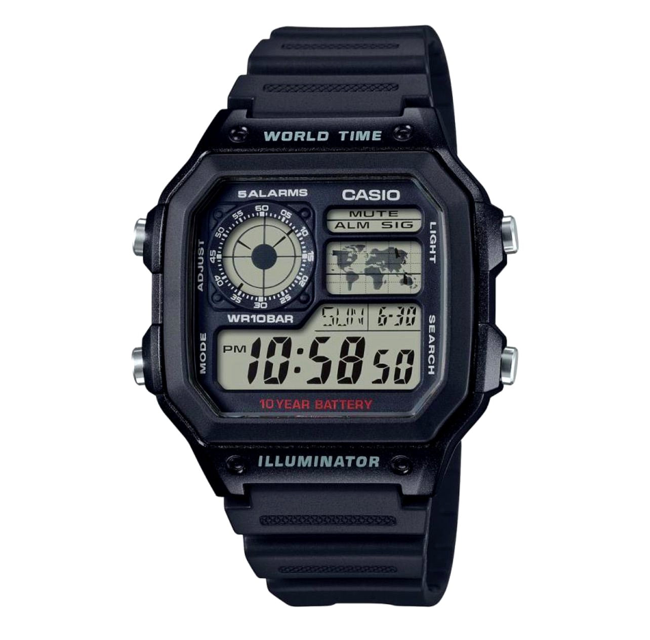 Casio Collection AE-1200WH-1AJH multi-function digital watch with black resin band and digital display