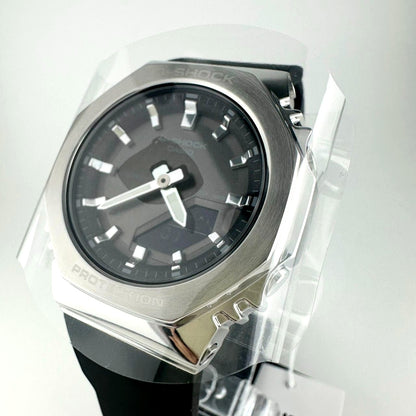 Casio G-Shock GM-S2110-1A1JF women's silver and black watch with metal bezel and resin band