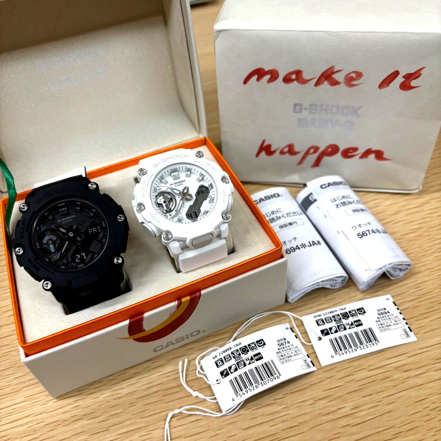 Casio G-Shock GMA-S2200M white and GA-2200BB black pair watch set with original boxes