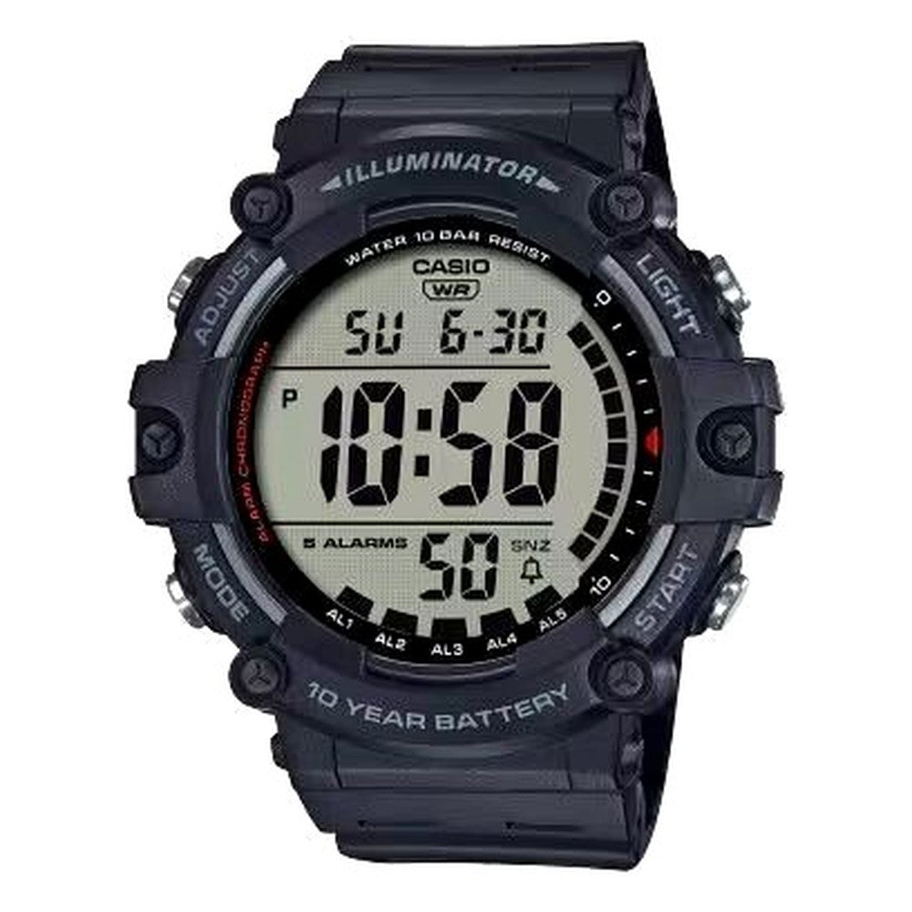 Casio AE-1500WH digital watch with large black digital display and black resin band