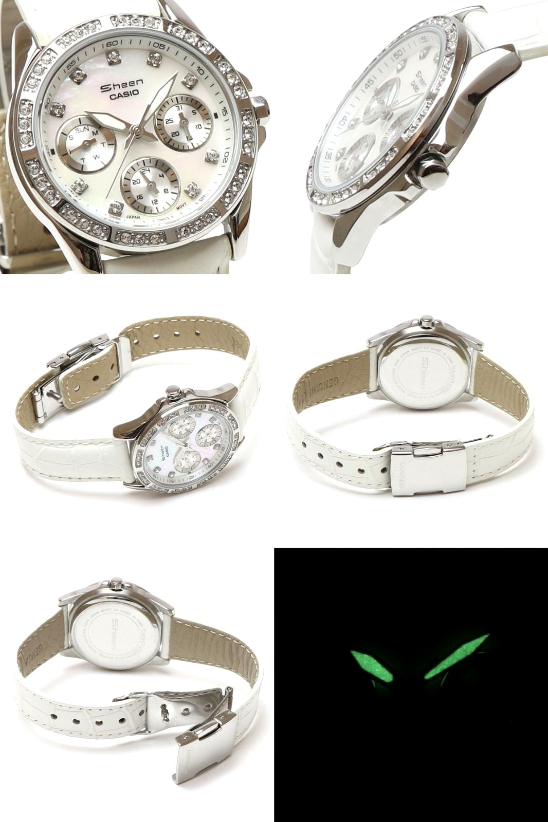 Casio Sheen SHN-3013L-7A ladies wristwatch with pearl dial and Swarovski accents in silver white