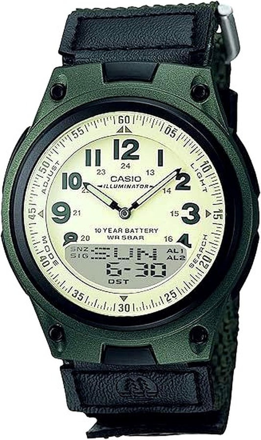 Casio Collection AW-80V-3BJH black men's wristwatch showing digital display and black strap