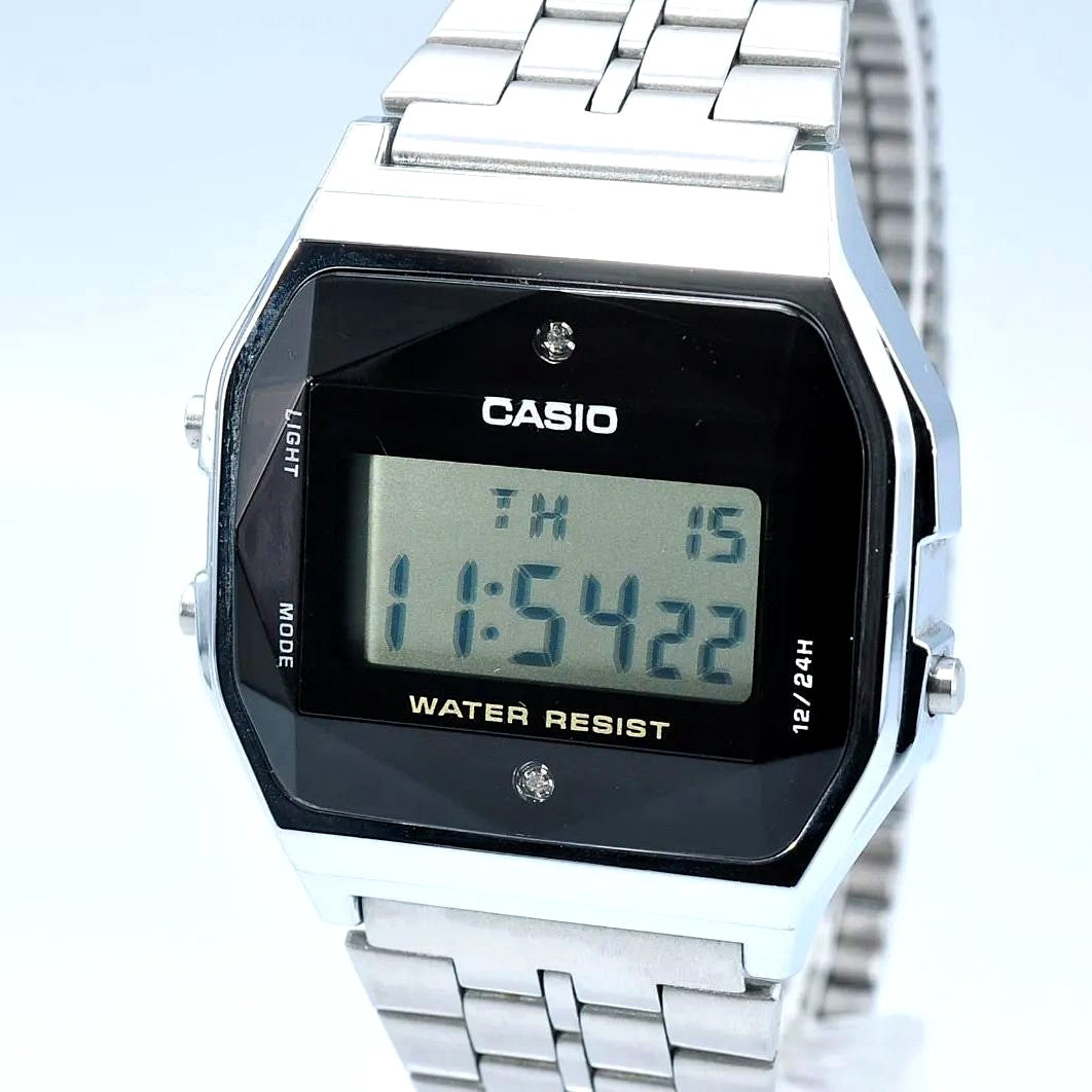 Casio A159W Quartz Digital Watch with cut glass surface Japan import on white background