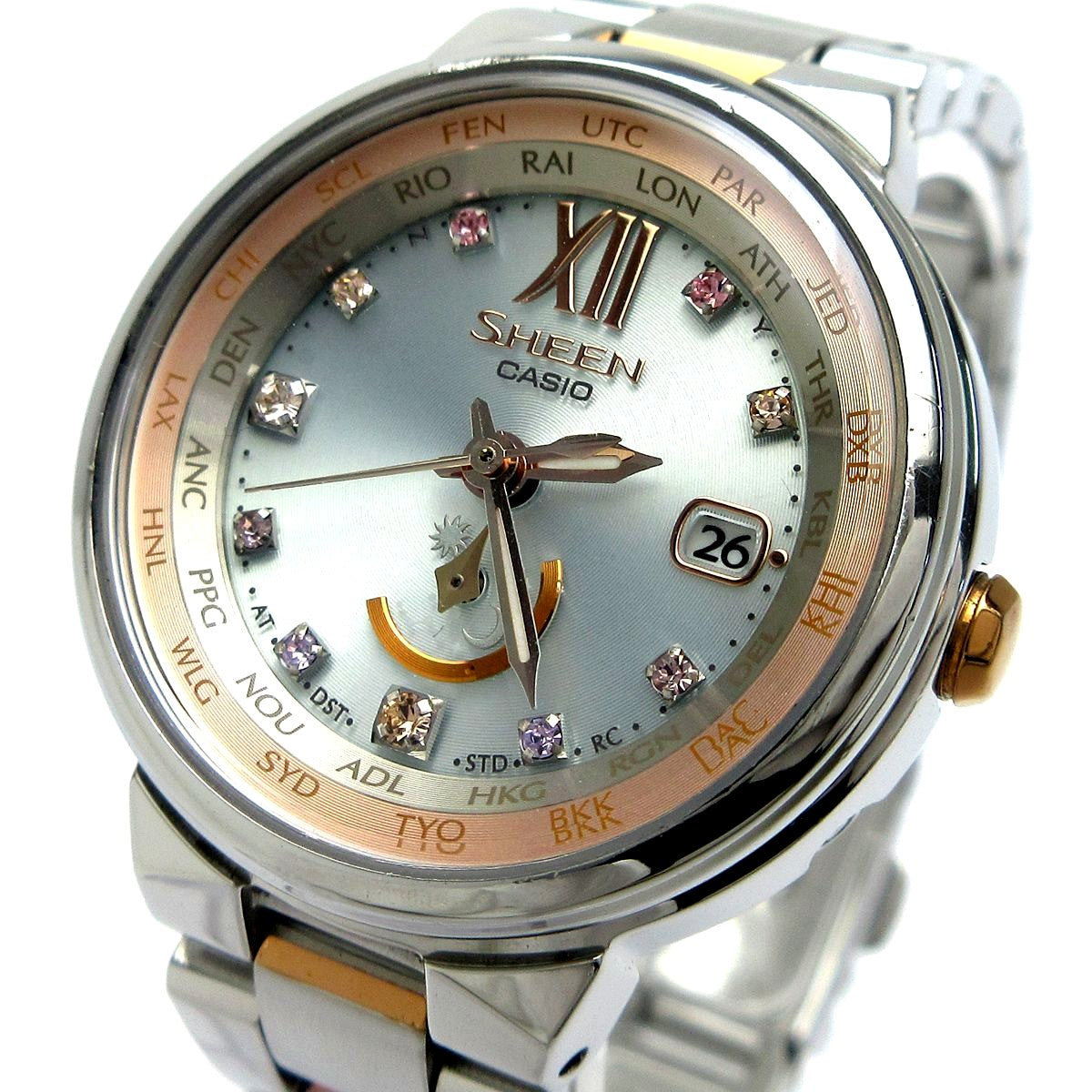 Casio Sheen Voyage SHW-1507BSG-7AJF ladies solar radio-controlled watch with silver dial and pink gold accents