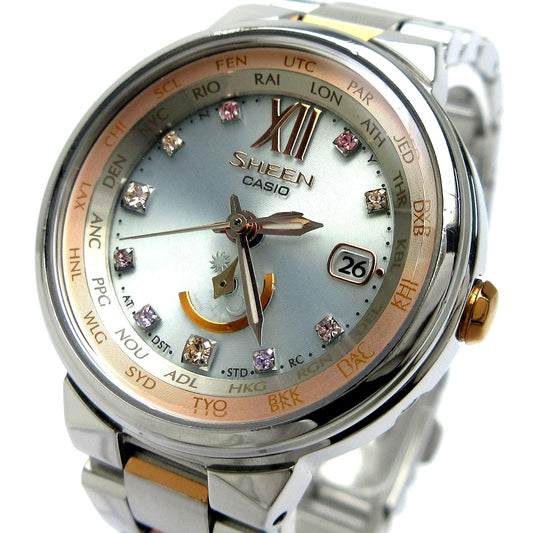 Casio Sheen Voyage SHW-1507BSG-7AJF ladies solar radio-controlled watch with silver dial and pink gold accents
