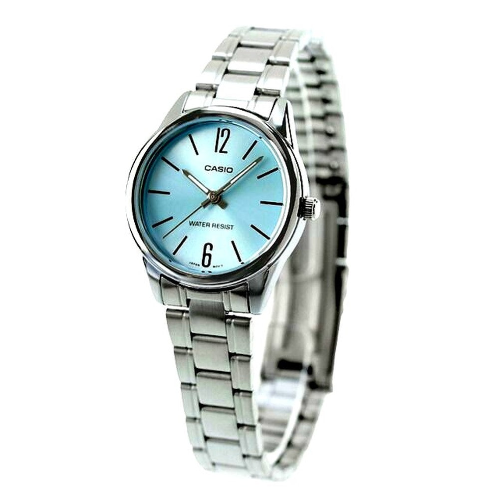 Casio Standard Series LTP-V005D-2BDF women's watch with sky blue dial and silver stainless steel band