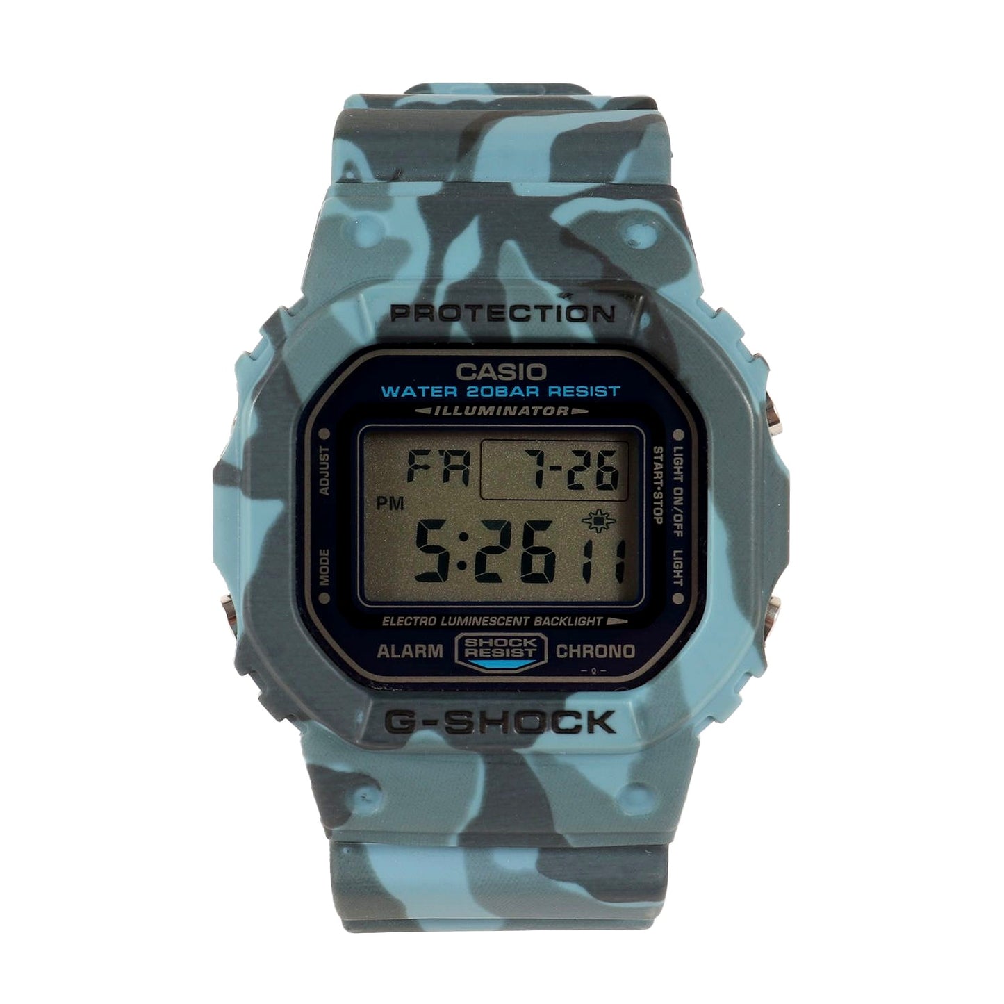 G-Shock DW-5600CF-2JF blue camouflage resin watch with digital display and 20 ATM water resistance