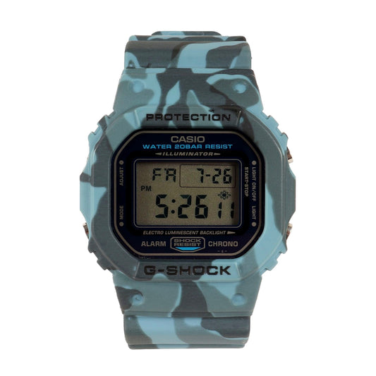 G-Shock DW-5600CF-2JF blue camouflage resin watch with digital display and 20 ATM water resistance