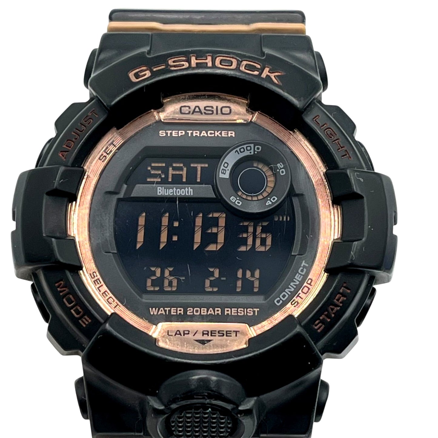 Casio G-Shock GMD-B800 black digital watch with gold bezel and Bluetooth connectivity