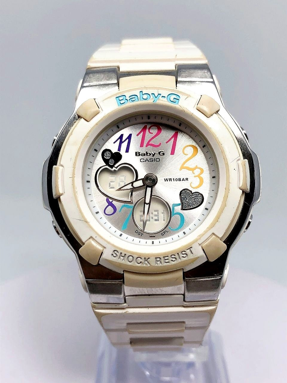 Casio Baby-G BGA-116 watch with multicolor heart design dial and analog digital display