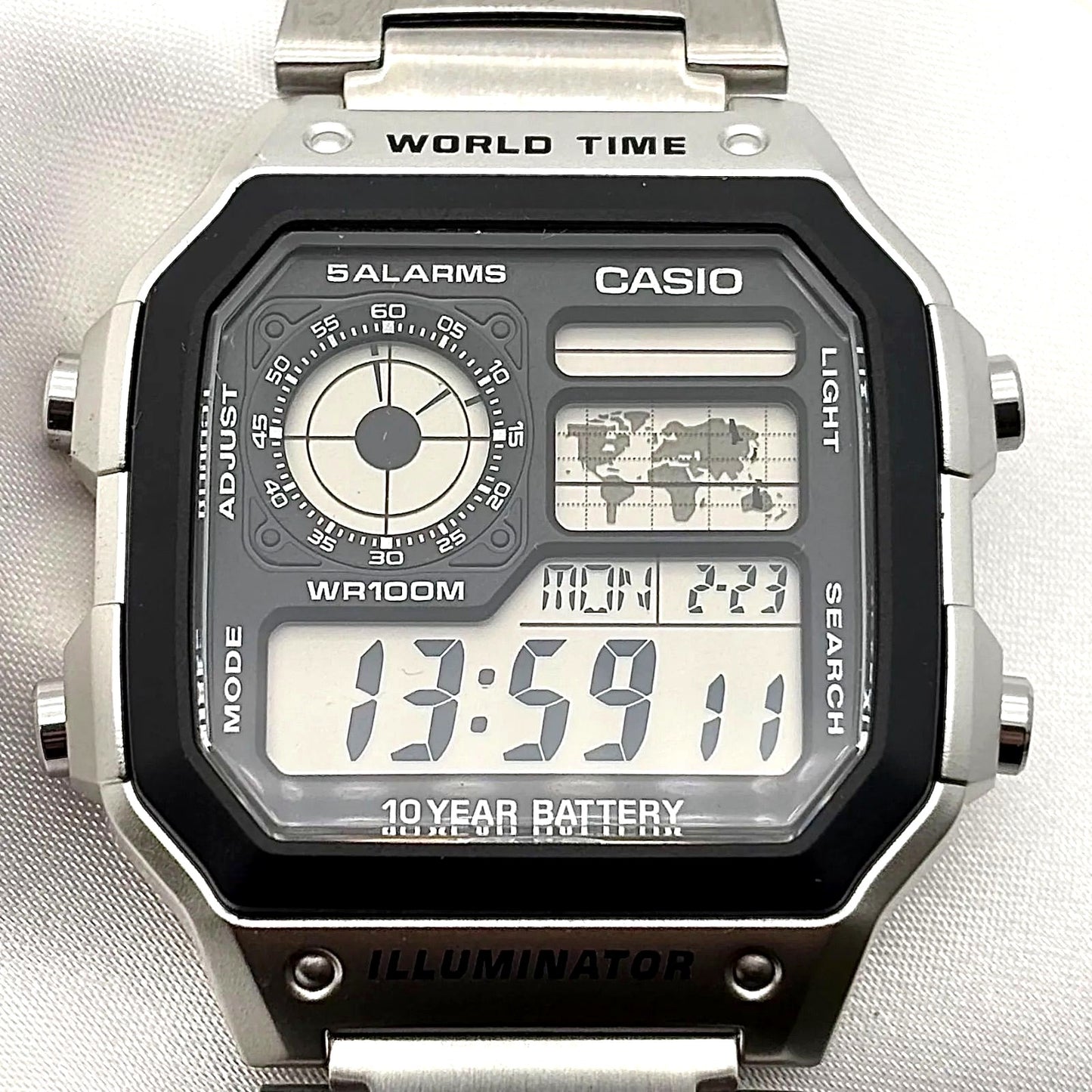 Casio AE-1200WHD-1A men's digital quartz watch with silver case and black dial