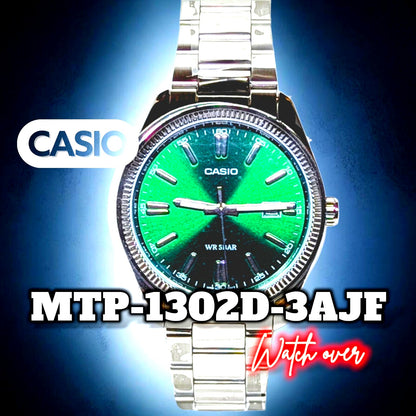 Casio Standard MTP-1302D-3AJF analog watch with green dial and silver stainless steel band 44.2mm Japan import