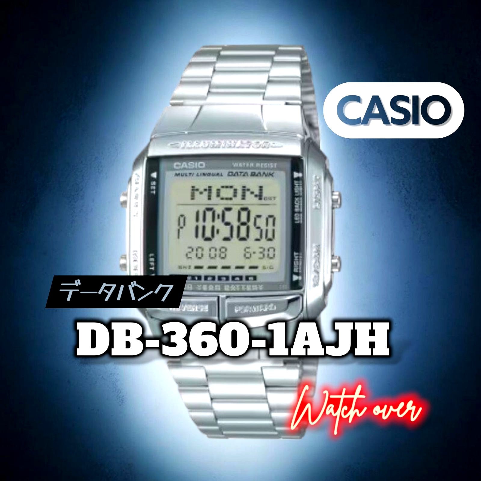 Casio Data Bank DB-360-1AJH silver digital watch with metal band and multi-function display