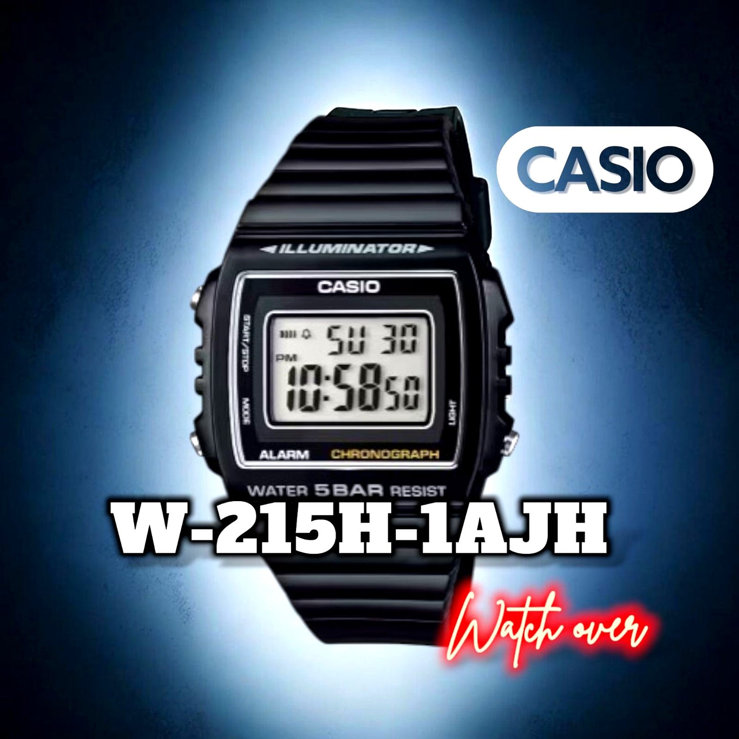 Casio W-215H-1AJH digital sport watch with black case and band, LED backlight, and 5ATM water resistance