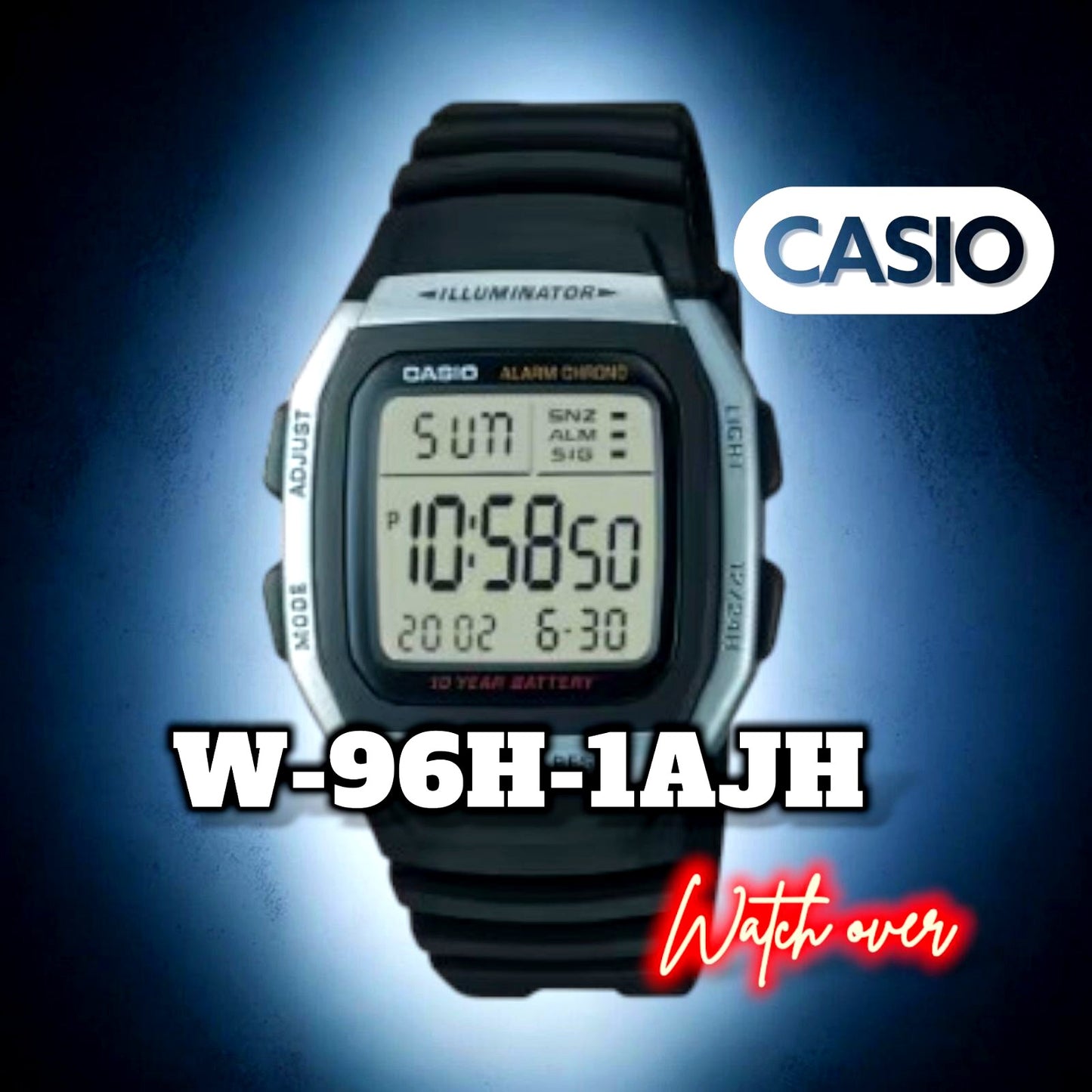 Casio W-96H-1AJH black digital watch with dual time, LED light, and 10-year battery waterproof up to 5 ATM