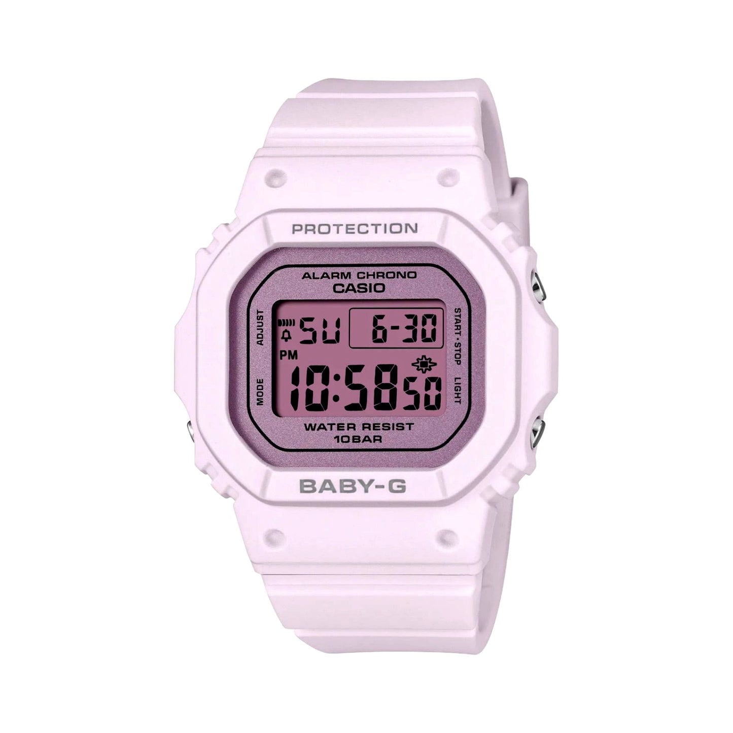 Casio Baby-G BGD-565SC-4BJF shock resistant watch with pink and gray design, 10 ATM water resistant