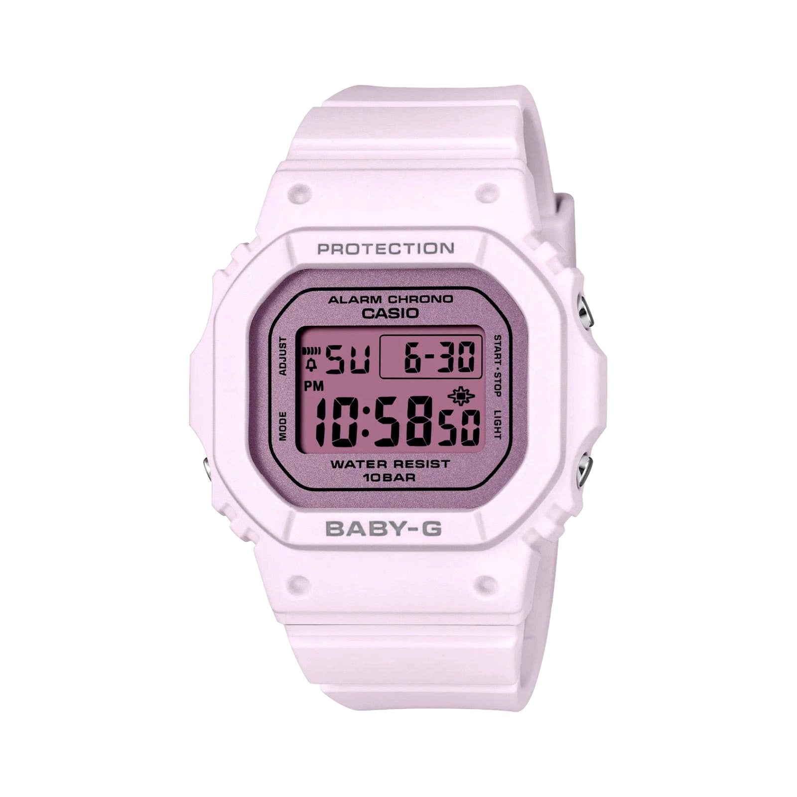 Casio Baby-G BGD-565SC-4BJF shock resistant watch with pink and gray design, 10 ATM water resistant