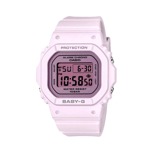 Casio Baby-G BGD-565SC-4BJF shock resistant watch with pink and gray design, 10 ATM water resistant