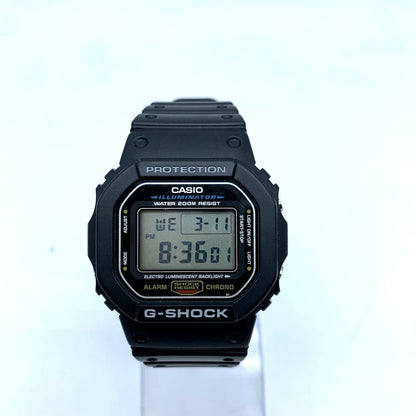 Casio G-Shock men's digital quartz black watch model DW-5600E with rubber strap and backlight illumination