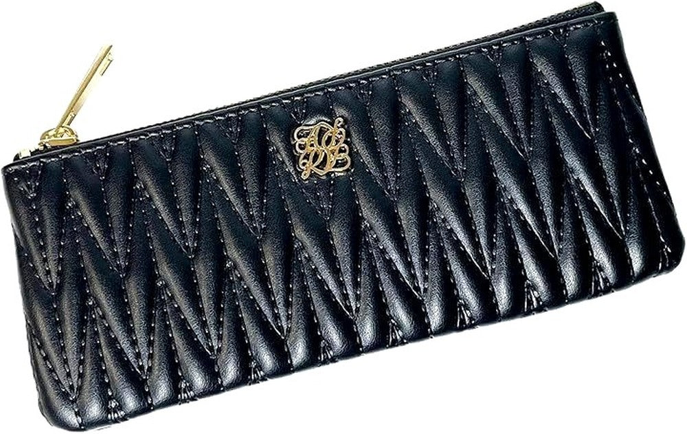 Crossmarbery leather slim pen case with quilted design and zipper closure, 19cm wide, made in Japan