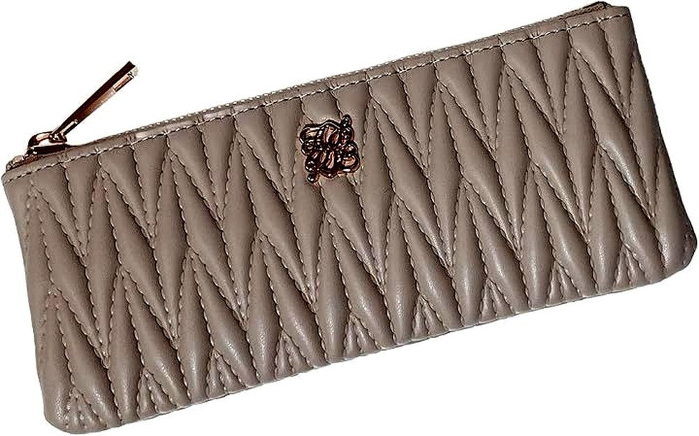 Crossmarbery slim grey leather pen case with quilted design and zipper closure, 7.5 x 3.1 inches