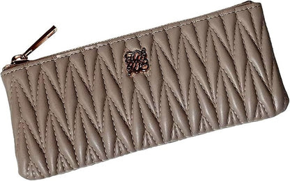 Crossmarbery slim grey leather pen case with quilted design and zipper closure, 7.5 x 3.1 inches