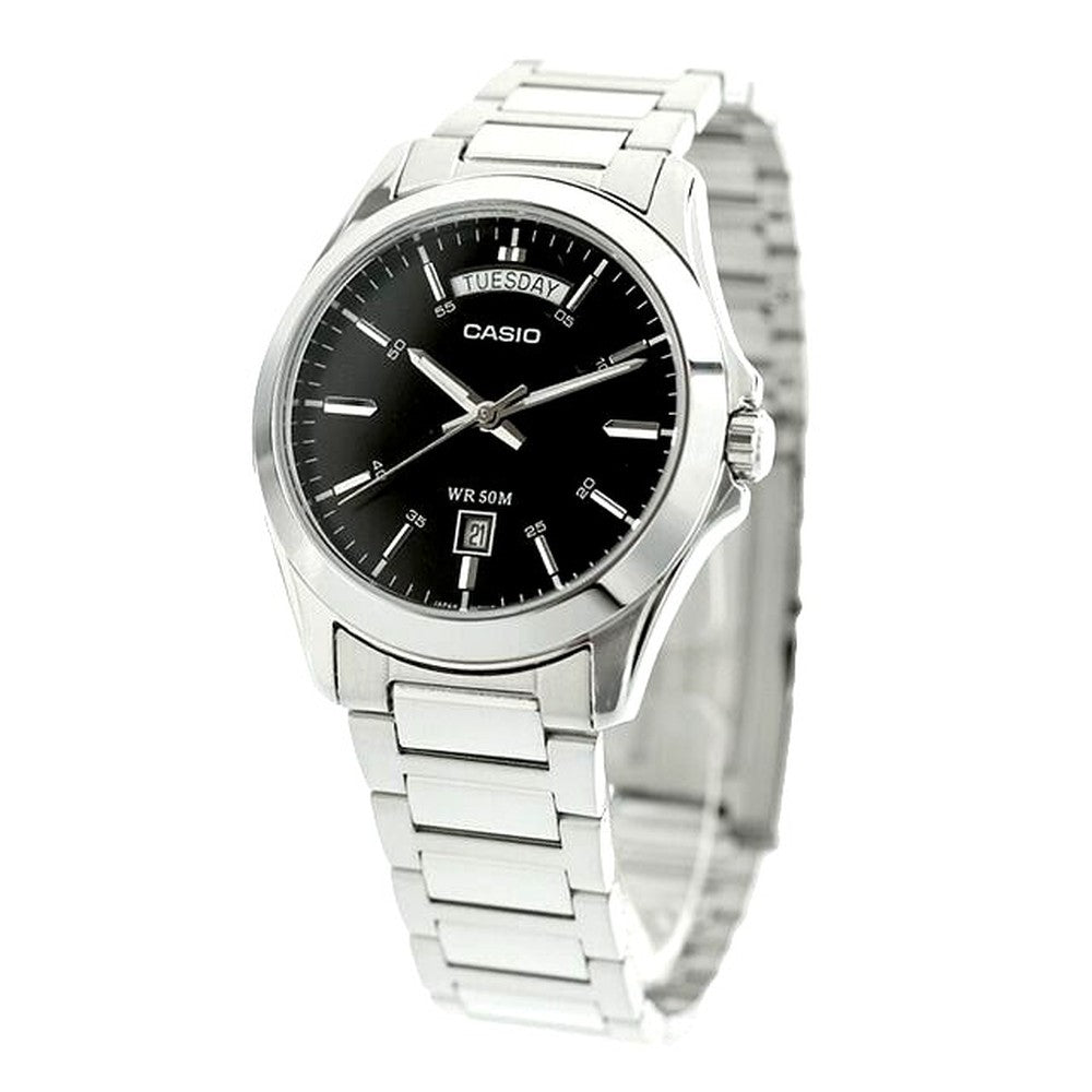Casio Standard Watch MTP-1370D-1A1VDF with black dial and silver stainless steel band
