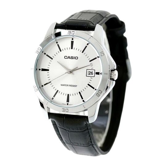 Casio MTP-V004L-7ADF men's watch with white dial, brown leather strap, stainless steel case