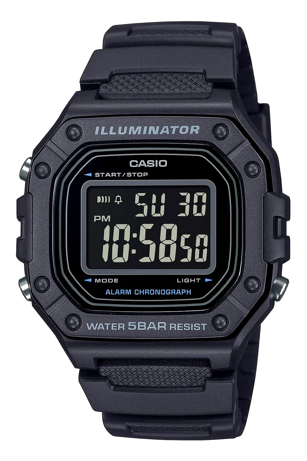 Casio Collection W-218H-1BJF men's black square face digital watch with LED backlight and 5 ATM water resistance