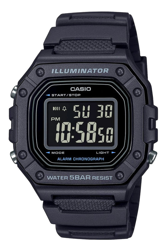 Casio Collection W-218H-1BJF men's black square face digital watch with LED backlight and 5 ATM water resistance