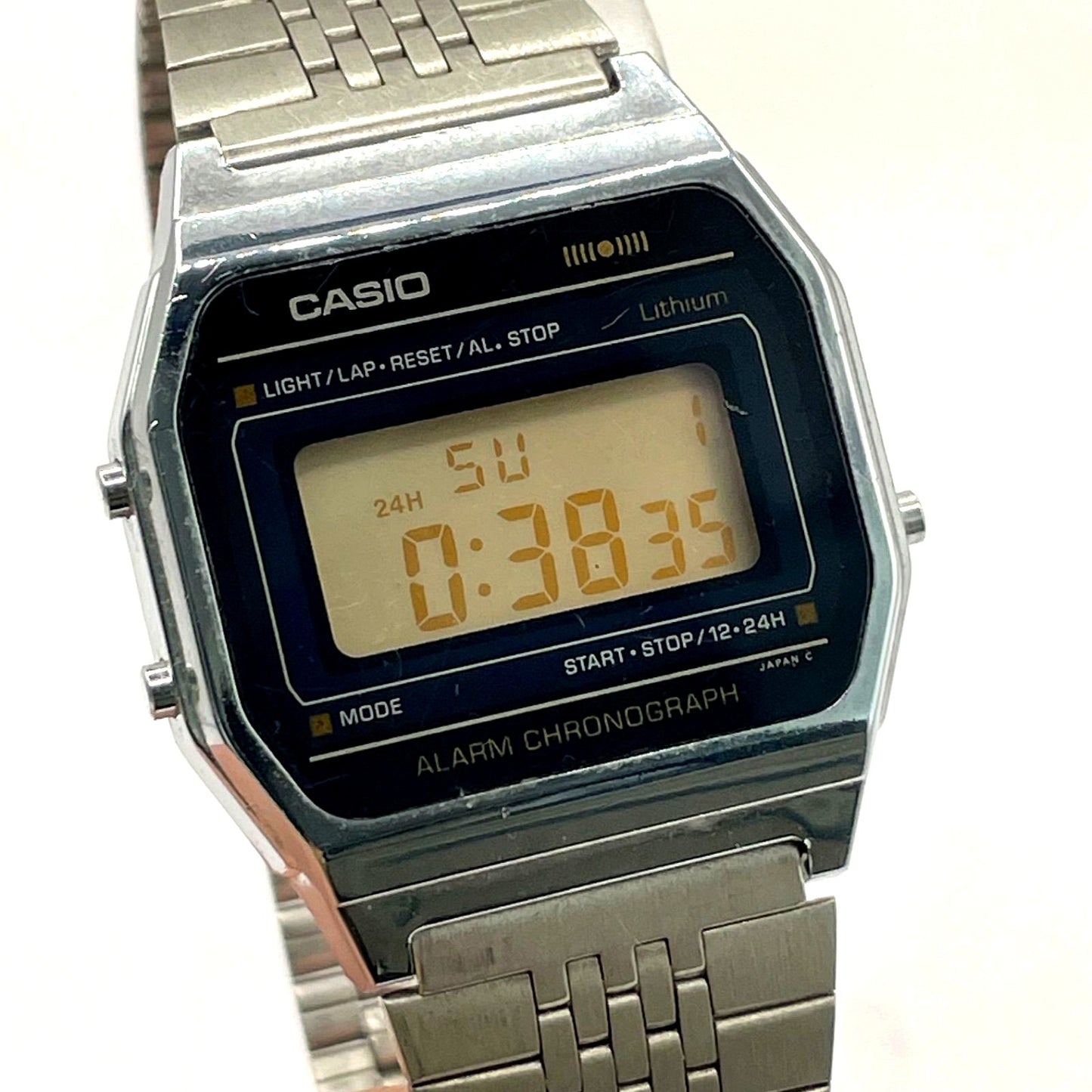 Casio A152 vintage watch with stainless steel bracelet and digital display made in Japan
