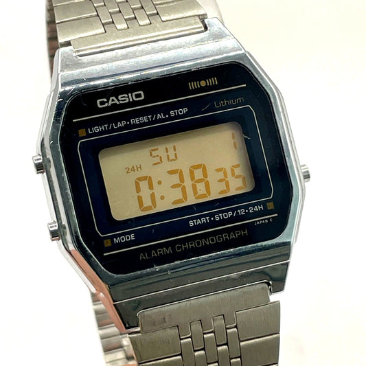 Casio A152 vintage watch with stainless steel bracelet and digital display made in Japan