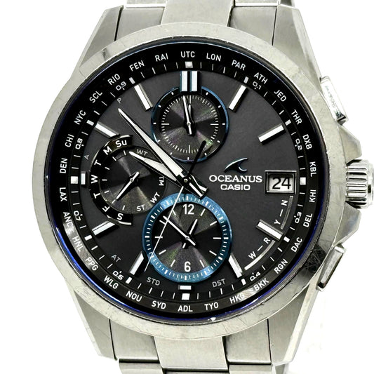 Casio Oceanus OCW-T2600-1AJF men's solar watch with silver case, black dial, and silver band