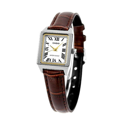 Casio Chipkashi LTP-V007L-7B2DF analog quartz watch with white dial and brown leather band