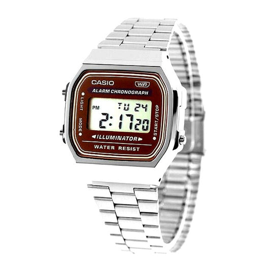 Casio Vintage Digital Watch A168WA-5AYDF with silver stainless steel band and LCD display