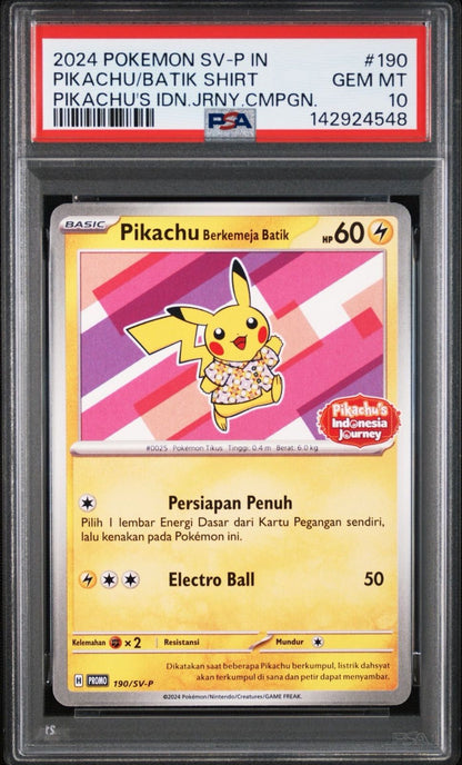PSA10 graded Batik Pikachu Shirt 190/SV-P card from Indonesia showing front view with grade label