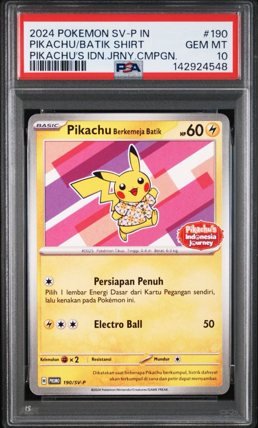 PSA10 graded Batik Pikachu Shirt 190/SV-P card from Indonesia showing front view with grade label
