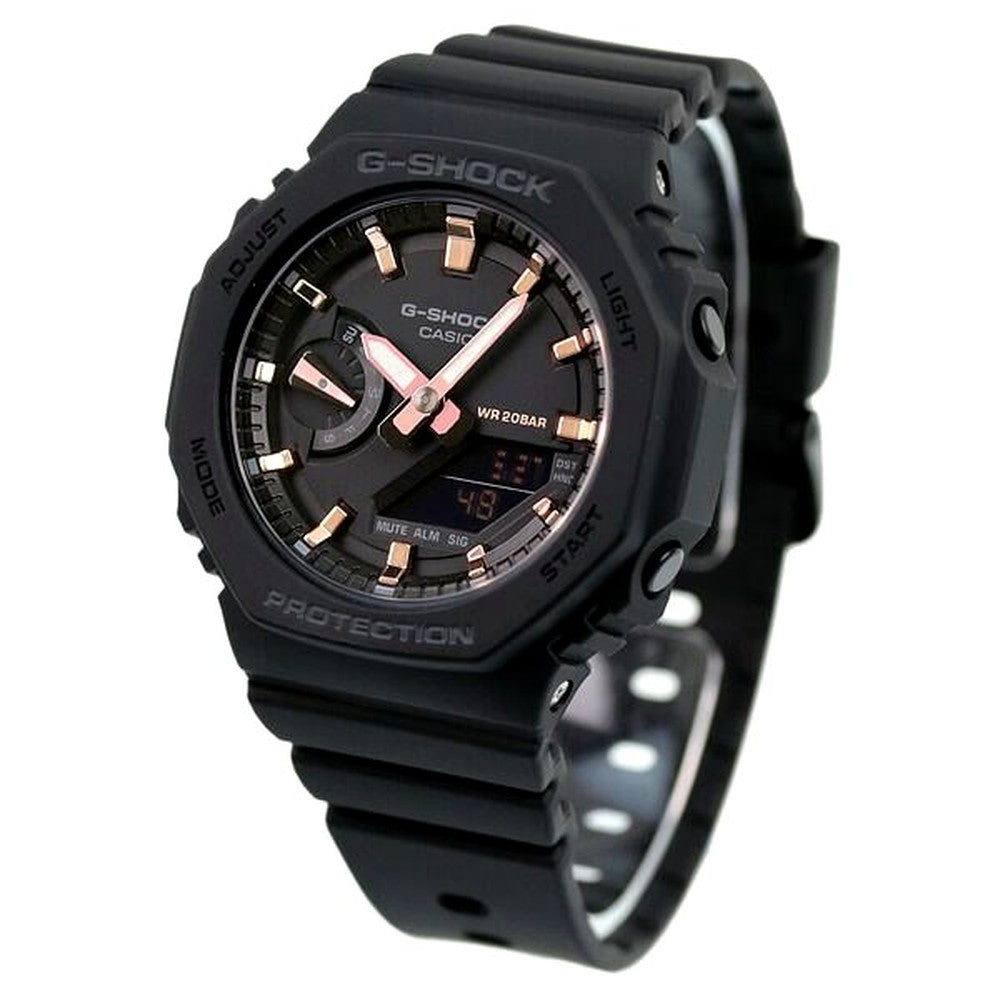 Casio G-Shock GMA-S2100-1ADR watch with black dial and black resin band on white background