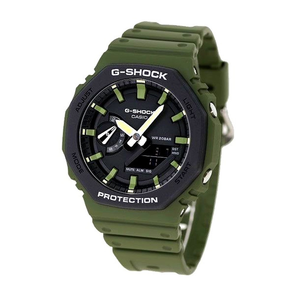 Casio G-Shock GA-2110SU-3ADR watch with black dial, khaki resin band, and carbon resin case