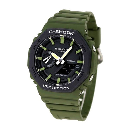 Casio G-Shock GA-2110SU-3ADR watch with black dial, khaki resin band, and carbon resin case