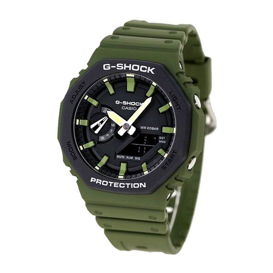Casio G-Shock GA-2110SU-3ADR watch with black dial, khaki resin band, and carbon resin case