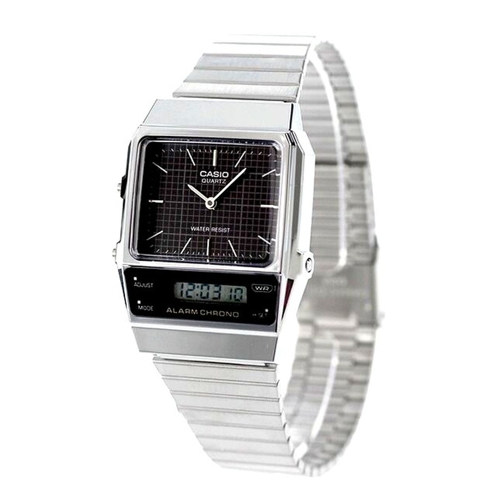 Casio Classic CasiCipWatch AQ-800E-1ADF with black dial, silver band, and digital-analog display