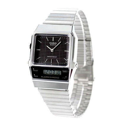 Casio Classic CasiCipWatch AQ-800E-1ADF with black dial, silver band, and digital-analog display