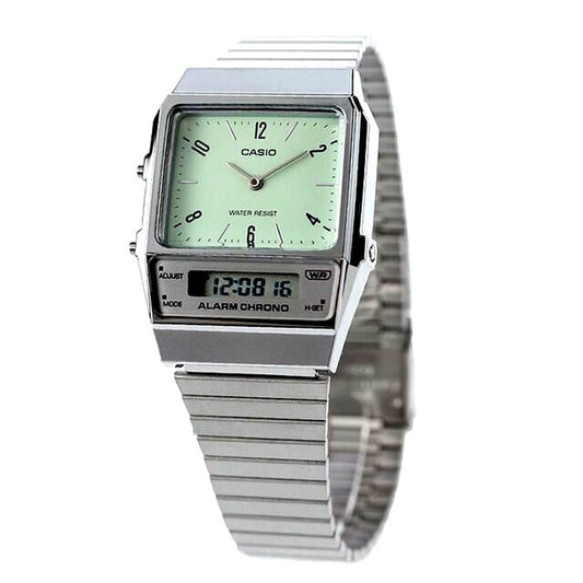 Casio Classic Chikucashi AQ-800E-3ADF watch with mint green dial and silver slide clasp band